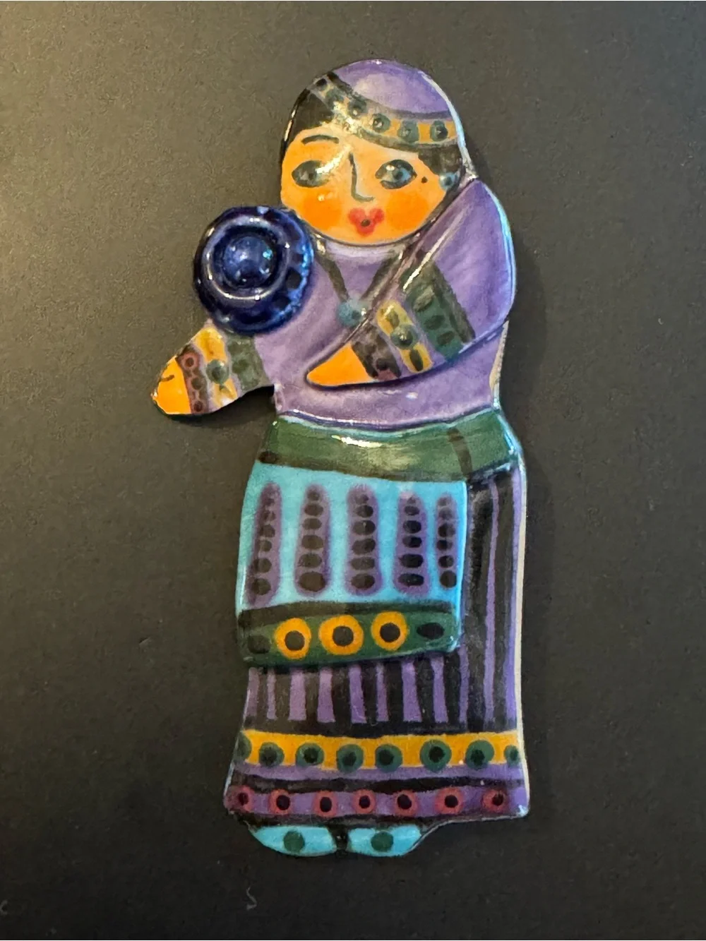 Vintage Hand Painted Ceramic Folk Art Brooch, Mid-Century Wearable Art